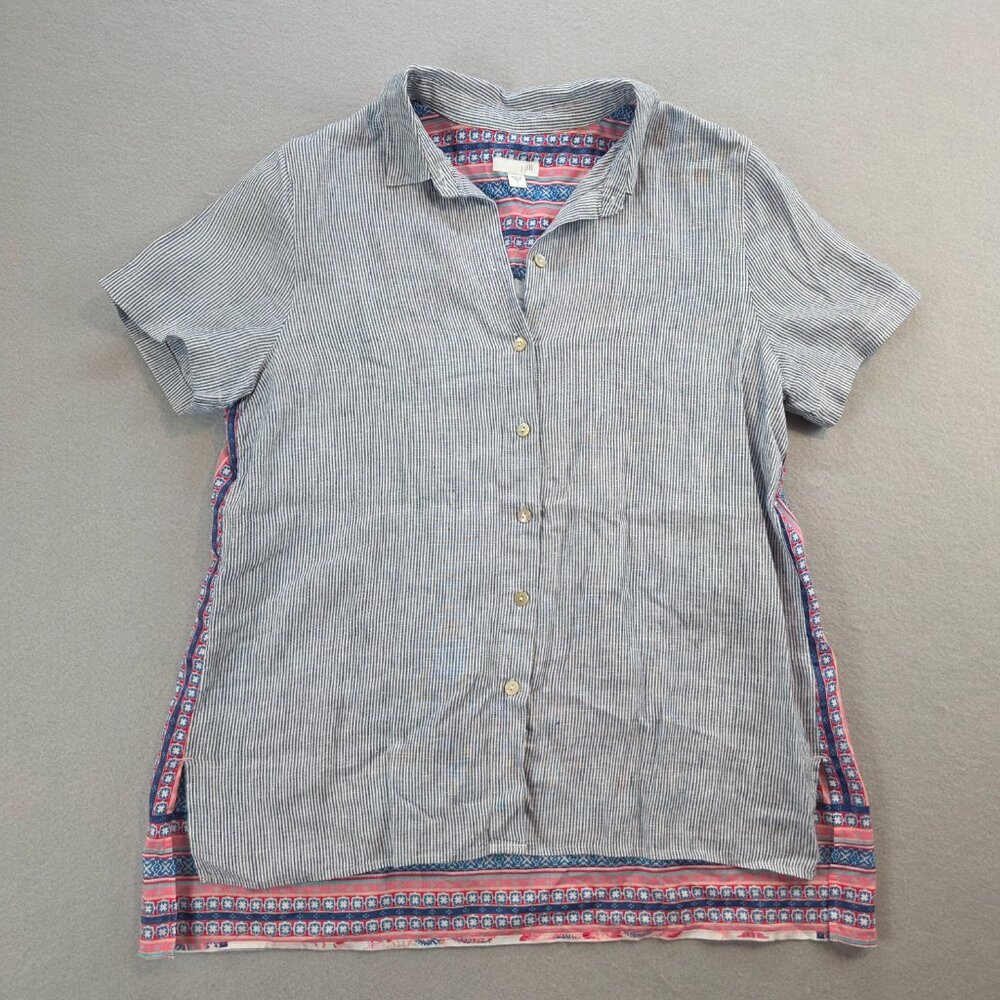 J. Jill Linen Cotton Mixed Media Pearlescent Button Front Bohemian Floral Blouse - Picture 3 of 10